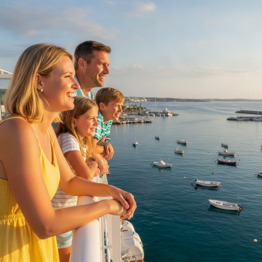 A smiling family of four leaning on a white cruise ship railing, looking out at a bright harbour with small boats on calm blue water in warm morning light