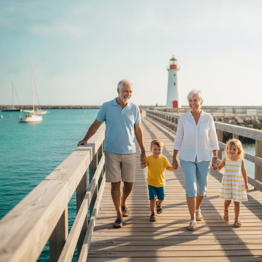 Grandparents and two young children walking along a sunlit wooden boardwalk beside a turquoise harbour, with a white lighthouse in the distance