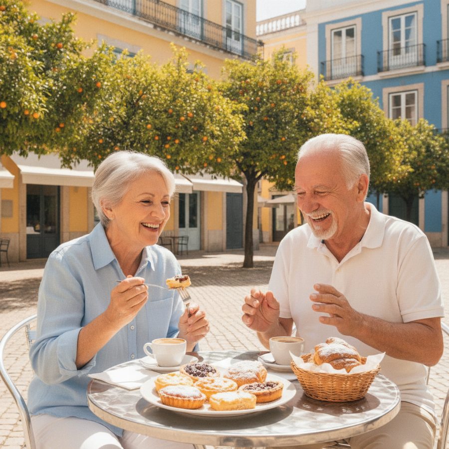 A retired couple sharing pastries at a small cafe table in a sunny plaza, orange trees and pastel facades behind them