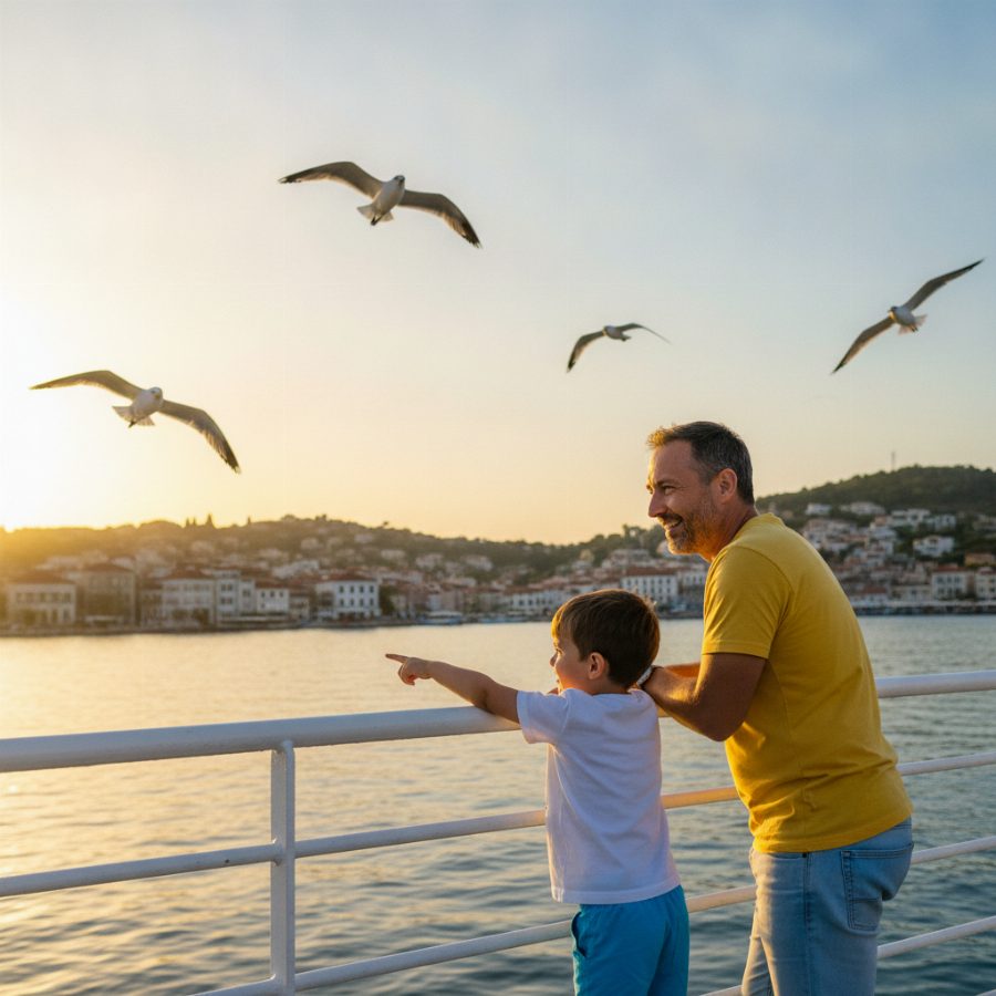 A father and son leaning on a ferry railing watching a harbour at golden hour, gulls overhead and the town rising behind the water