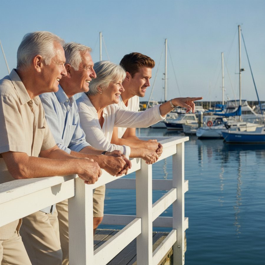 A family of four leaning on a harbour railing on a bright morning, grandparents pointing at moored boats, warm sunlight on the water
