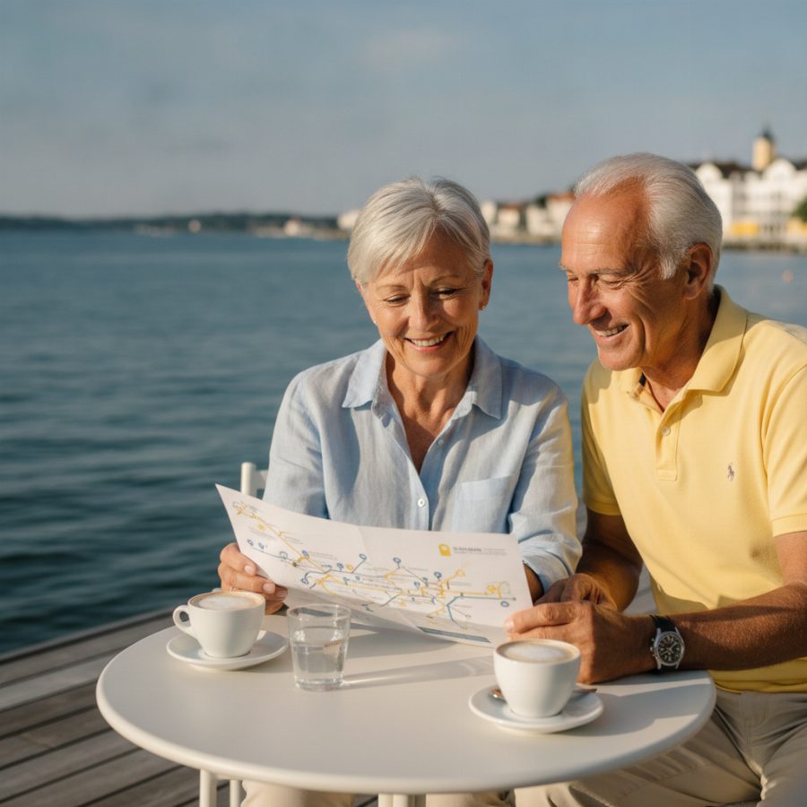 A retired couple at a sunny cafe table by the water, looking together at a printed day itinerary beside two coffees, relaxed late-morning light