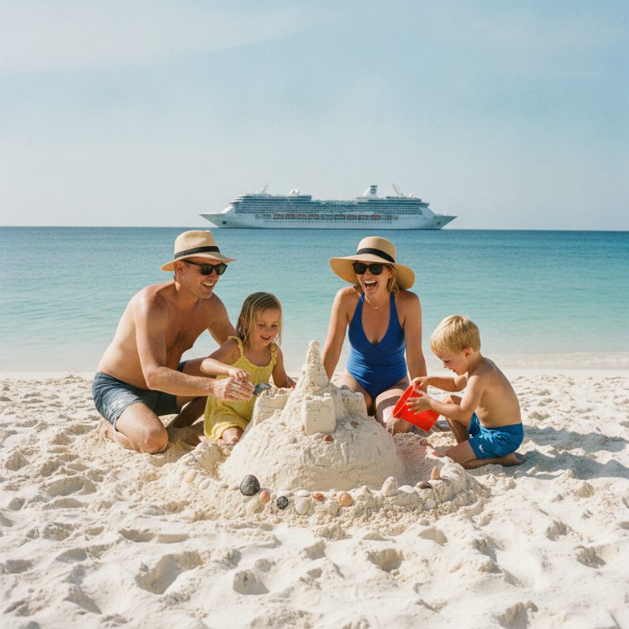 Parents and two children building a sandcastle on a bright sandy beach, a cruise ship visible far out on the blue horizon under a clear sky