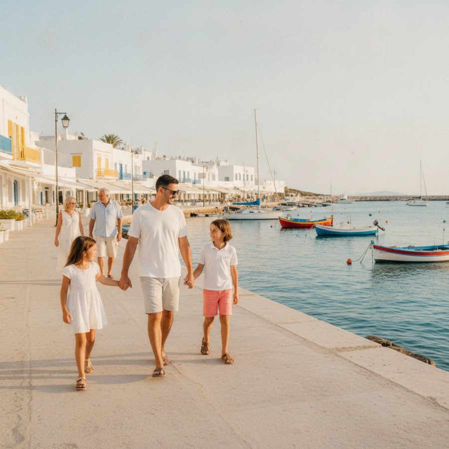 A family of four walking along a sunny harbour promenade, grandparents a few steps behind, small boats and bright blue water in warm morning light