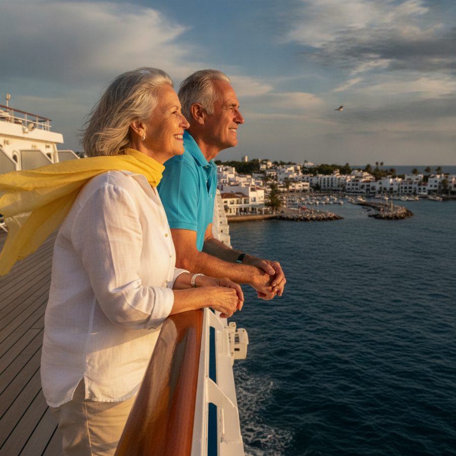 A retired couple leaning on a cruise ship railing at golden hour, looking out at a coastal town and its harbour, relaxed and unhurried