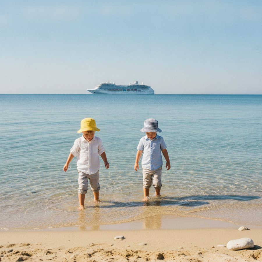 Two young children in sunhats paddling at the edge of a calm harbour beach on a bright morning, a white cruise ship visible far behind them