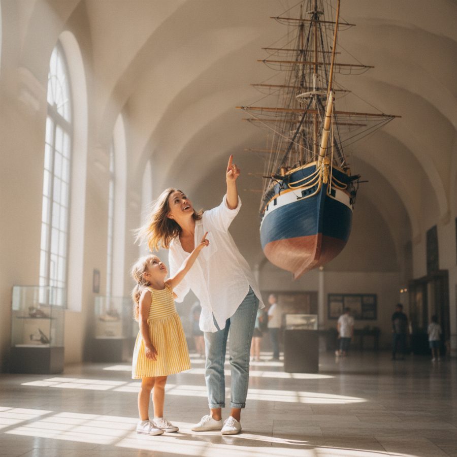 A mother and daughter looking up at a tall sailing-ship model inside a sunlit maritime museum hall with pale stone floors