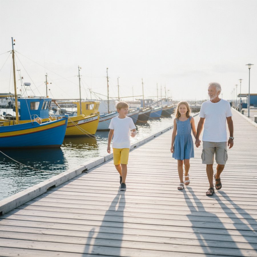 Grandparents and two grandchildren strolling a flat wooden harbour boardwalk in warm late-afternoon light, fishing boats moored alongside