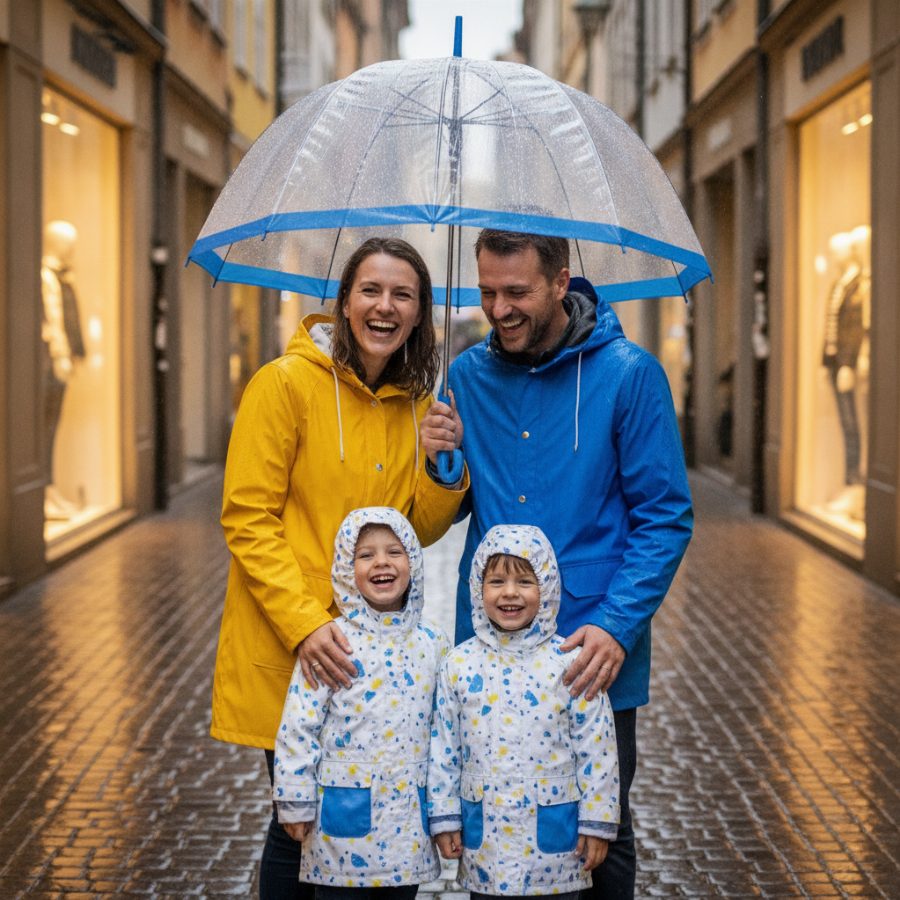 A family in colourful raincoats laughing under a shared umbrella on a cobbled old-town street, shop windows glowing on a drizzly day